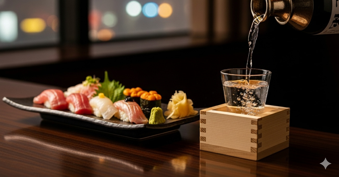 高級寿司と日本酒のイメージ